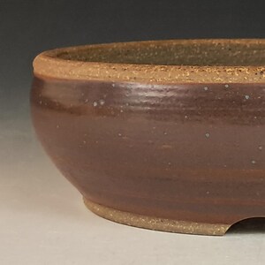 May include: A brown ceramic bonsai pot with a rounded shape and a slightly flared rim. The pot has a textured surface and a drainage hole.