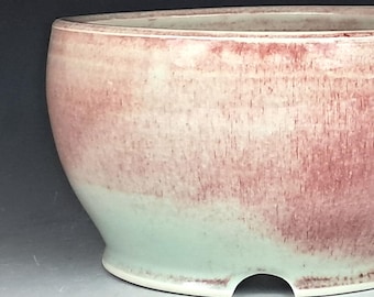 Salt Fired Round Bonsai Pot with Green and Red Glaze