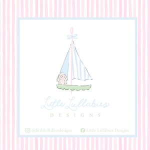 May include: A logo design featuring a sailboat with a bunny passenger, light blue and white striped sail, and the text "Little Lullabies Designs". The background has pink and white vertical stripes.