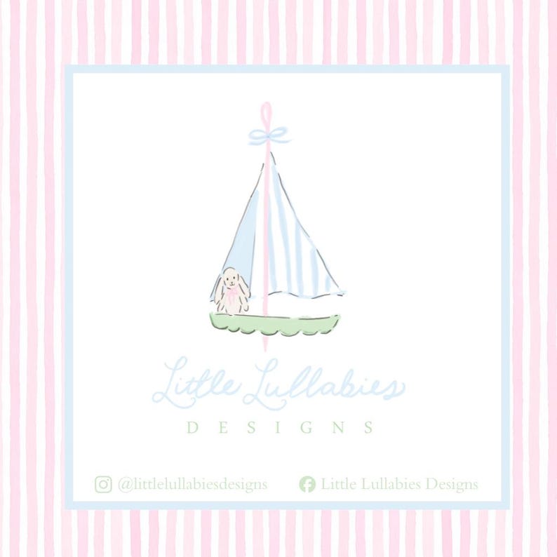 May include: A logo design featuring a sailboat with a bunny passenger, light blue and white striped sail, and the text "Little Lullabies Designs". The background has pink and white vertical stripes.