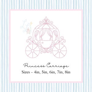 May include: A pink line drawing of a princess carriage with ornate details, including a domed roof and spoked wheels. The text "Princess Carriage" is below the image, with size options listed in inches: 4in, 5in, 6in, 7in, and 8in. The background has a light blue and white striped pattern.