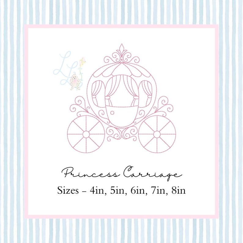 May include: A pink line drawing of a princess carriage with ornate details, including a domed roof and spoked wheels. The text "Princess Carriage" is below the image, with size options listed in inches: 4in, 5in, 6in, 7in, and 8in. The background has a light blue and white striped pattern.