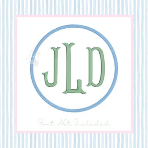 May include: A monogram design featuring the letters JLD in a green, textured font, enclosed within a blue rope-like circle. The design is set against a white background, framed by a pink border and a striped pattern.