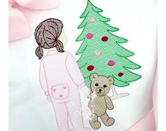 Girl Vintage Christmas Tree Sketch Stitch Machine Embroidery Design