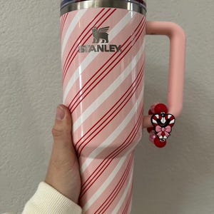 May include: A pink and white Stanley tumbler with a candy cane stripe design. The tumbler has a pink handle and a decorative charm. The Stanley logo is visible on the front of the tumbler.
