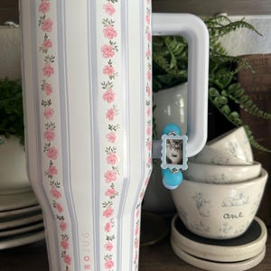 Puede incluir: Una HydroJug blanca con tapa y asa rosas, adornada con rayas grises verticales y patrones de rosas rosas. La jarra presenta el texto "HYDROJUG" y un peque&ntilde;o dije de gato adjunto al asa.