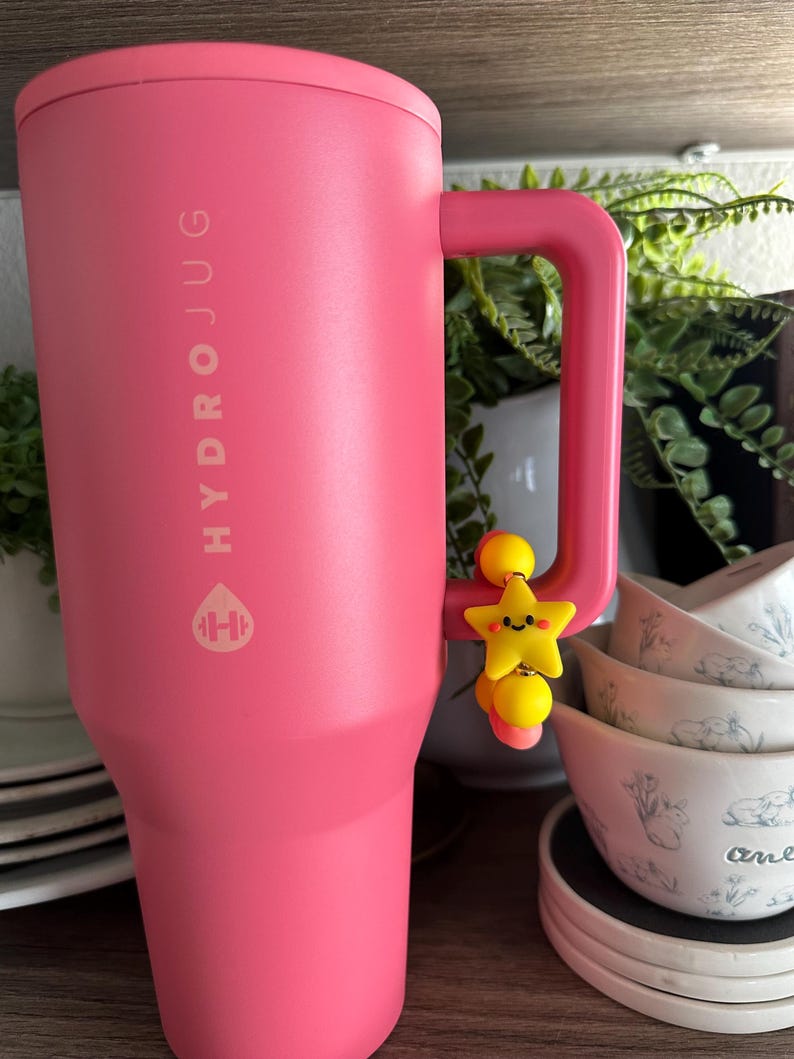 May include: A large, pink HydroJug water bottle with a handle, displaying the brand name and logo. A yellow star charm with a smiling face is attached to the handle. The background includes decorative bowls and greenery.