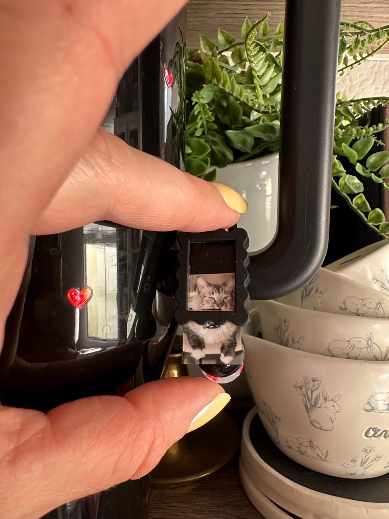 May include: A black coffee mug with a red heart design, held by a hand. A small, rectangular cat photo is attached to the mug. White bowls with rabbit illustrations are in the background.