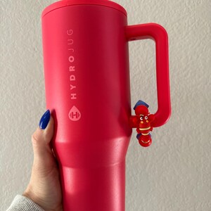 以下が含まれることがあります： ハンドルとロブスターの装飾が付いた赤いHydrojugウォーターボトル。「HYDROJUG」の文字が縦にプリントされています。円筒形のボトルには赤い蓋が付いています。ハンドルは側面に付いています。