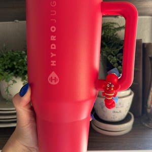 May include: A large, red HydroJug water bottle with a handle and a red lid. The bottle has the HydroJug logo and text printed on the side. A small, red lobster charm is attached to the handle.