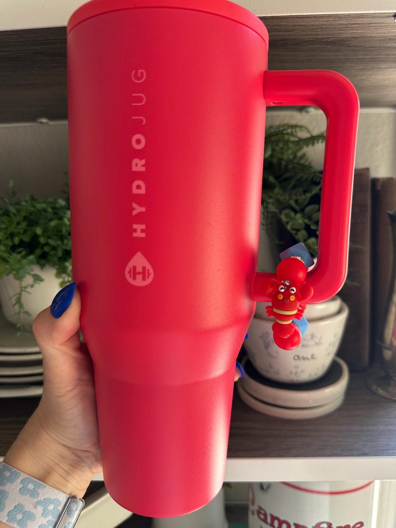 May include: A large, red HydroJug water bottle with a handle and a red lid. The bottle has the HydroJug logo and text printed on the side. A small, red lobster charm is attached to the handle.