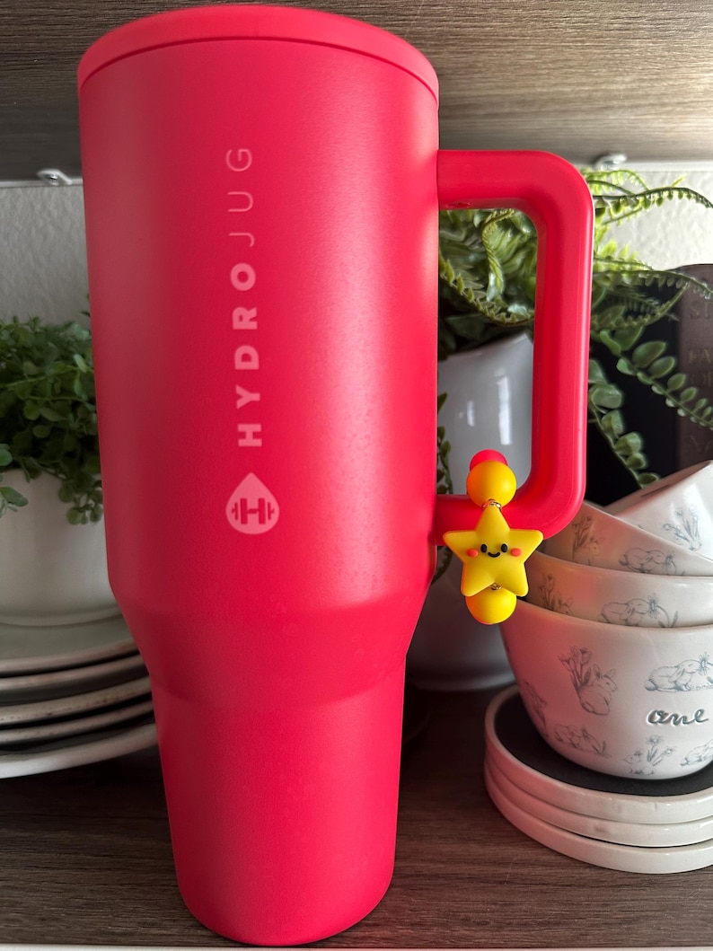 May include: A vibrant red Hydrojug water bottle with a large handle. The bottle has the Hydrojug logo printed on the side. A yellow star charm is attached to the handle. The bottle is displayed on a wooden shelf with other kitchenware.