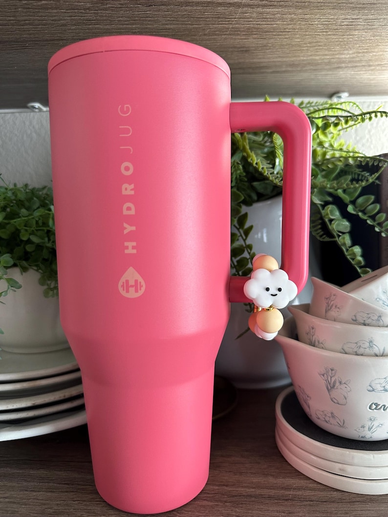 May include: A large, pink Hydro Jug with a handle and the brand name printed vertically. A small, decorative cloud charm is attached to the handle. The jug is sitting on a wooden surface, with plates and bowls in the background.