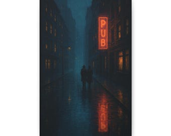 Lienzo callejero de noche lluviosa negra, reflejo de letrero de pub de neón