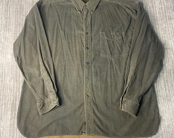Vintage 1990s Croft & Barrow Button Down Shirt – XL – Olive Herringbone Cotton – Minimal Workwear – Classic Dad Style