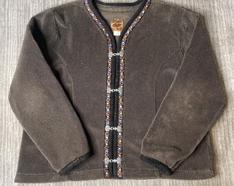 Vintage 1990s Wooly Bully Wear Cardigan Jacket – XL – Boho Woven Knit – Geometric Trim – Metal Clasp Coat – Southwestern Style