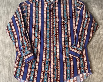 Vintage 1990s Wrangler Western Shirt – XL – Southwest Stripe Pearl Snap Button Up – Blue Red Aztec Pattern Cowboy Shirt