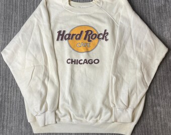 Sudadera vintage de los años 90 del Hard Rock Cafe de Chicago – Talla XL – Hanes color crema, manga raglán, cuello redondo – Sudadera clásica con logo, recuerdo turístico.