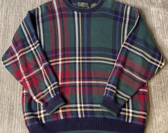 Vintage 1990s Orvis Plaid Sweater – L – Green Red Navy Tartan Cotton Knit – Preppy Outdoorsman Grandpa Pullover – Cabin Winterwear