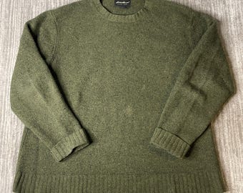 Vintage 2000s Eddie Bauer Lambswool Sweater – XL – Olive Green Crewneck Knit – Outdoor Heritage Pullover
