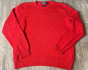 Vintage 2000s Polo Ralph Lauren Sweater – L – Red Cotton Knit Pony Logo Preppy Classic Crewneck Pullover