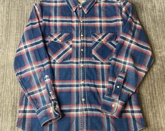 Vintage 1990s Filson Flannel Shirt – L – Red Blue Plaid Workwear Button Up – Heavy Cotton Outdoor Lumberjack