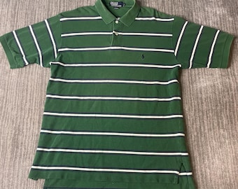 Vintage 2000s Polo Ralph Lauren Polo Shirt – L – Green Striped Cotton Preppy Rugby Golf Shirt