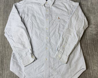 Vintage 2000s Ralph Lauren Button Down Shirt – M – Blue White Striped Oxford – Custom Fit Preppy Dress Shirt