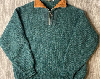Vintage 1990s Orvis Quarter Zip Sweater – L – Green Donegal Knit Pullover – Brown Contrast Collar – Outdoor Cabin Grandpa Knit