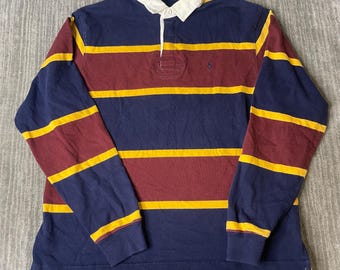 Vintage 1990s Polo Ralph Lauren Rugby Shirt – M – Navy Burgundy Yellow Stripe – Heavy Cotton Long Sleeve – Preppy Rugby