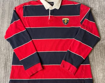 Vintage 2000s Aeropostale Rugby Shirt – XL – Red Navy Striped Long Sleeve Polo – Crest Patch Cotton Preppy Top