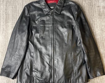 Vintage 1990s Mossimo Leather Jacket – L – Genuine Black Leather Zip Front Coat – Minimalist 90s Motorcycle Streetwear