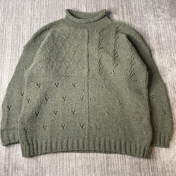 Vintage 90s Olive Green Turtleneck Sweater – Wool Blend Cable Knit – Chunky Textured Pullover – Cottagecore Grandpa Knit