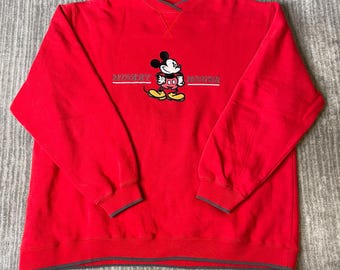 Vintage 2000s Disney Sweatshirt – M – Red Mickey Mouse Embroidered Crewneck – Layered Hem Character Pullover