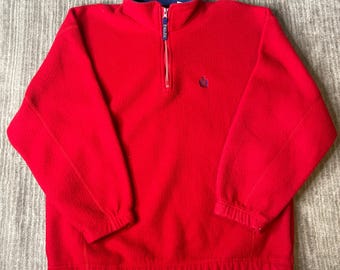 Vintage 1990s Bugle Boy Quarter Zip Fleece – XL – Red Blue Colorblock Pullover – Embroidered Crest Outdoor Sweatshirt