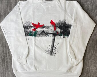 Vintage 1990s Hanes Cardinal Sweatshirt – L – White Winter Bird Mailbox Graphic Crewneck – Made in USA Pullover