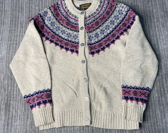 Vintage 1990s Eddie Bauer Wool Cardigan Sweater – M – Fair Isle Nordic Knit – Cozy Cottagecore Grandpa Layer