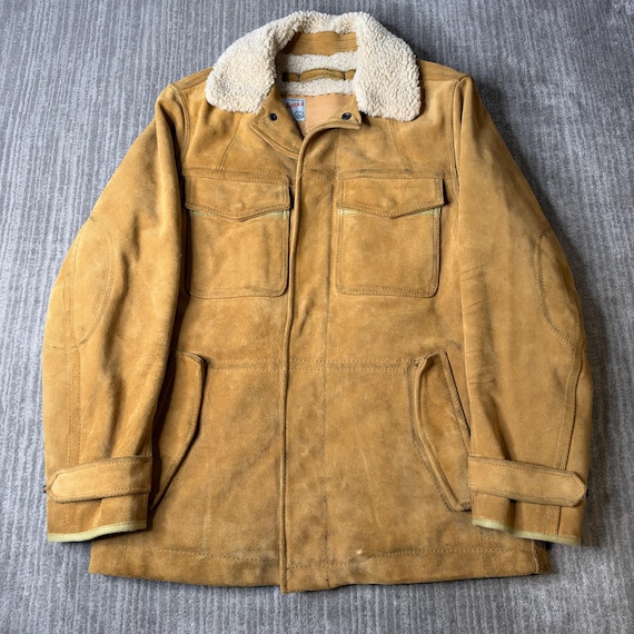 Vintage 2000s Gap Jeans Leather Jacket – S – Tan Suede Sherpa Lined Coat – Western Ranch Workwear – Faux Shearling Collar – Winter