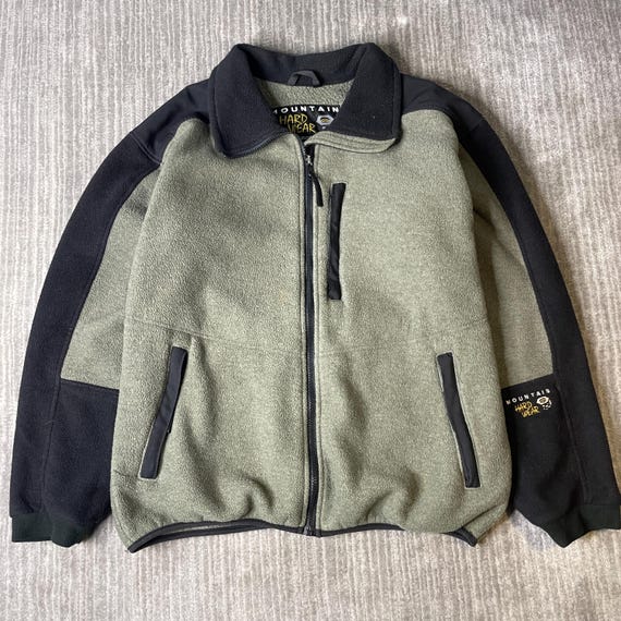 Mountain Hardwear, Vintage 1990s Mountain Hardwear Fleece Jacket – Women’s 14 – Sage Green Black Full Zip – Made in USA – Outdoor Hiking Coat