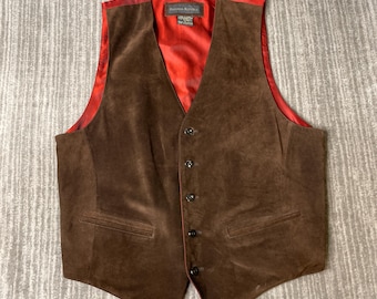 Vintage 1990s Banana Republic Leather Vest – L – Brown Suede Western Biker Waistcoat Red Satin Lining