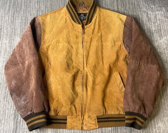 Vintage 1990s Oscar Piel Leather Jacket – M – Two Tone Suede Varsity Bomber USA Quilted College Jacket