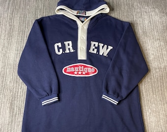 Vintage 1990s Paris Sport Club Hooded Sweatshirt – M – Navy Nautical Crew Graphic Button Neck Hoodie Pullover
