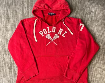 Vintage 2000s Polo Sport Hoodie – L – Red Lacrosse Graphic Pullover – Faded Athletic Preppy Sweatshirt