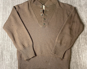 Vintage 1940s Military Style Knit Sweater – M – Brown Button Neck Wool Pullover – Distressed WWII Inspired Henley Knit