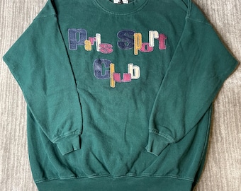 Vintage 1990s Paris Sport Club Sweatshirt – L – Green Embroidered Spell Out Crewneck – Colorful Preppy Pullover