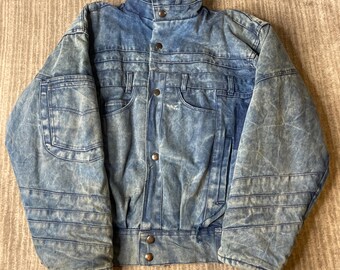 Vintage 1980s Gabrielle Denim Jacket – S – Acid Wash High Collar Moto Jean Coat – Belted Waist Oversized Sleeve Retro Biker Jacket