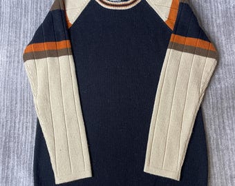 Vintage 1990s Ferruche Sweater – M – Navy Cream Orange Colorblock Ribbed Knit – Retro Crewneck Pullover – Striped Sleeve Sweater