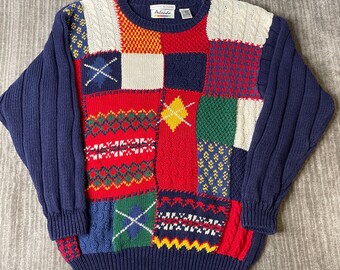 Vintage 1990s Orlando Hand Knit Sweater – L – Colorblock Patchwork Ramie Cotton Pullover – Chunky Nautical Knit Jumper