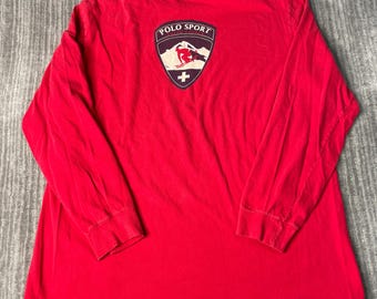 Vintage 1990s Polo Sport Long Sleeve Shirt – XL – Red Polo Sport Sportsman Tee – Ralph Lauren Graphic Shirt – Retro Streetwear