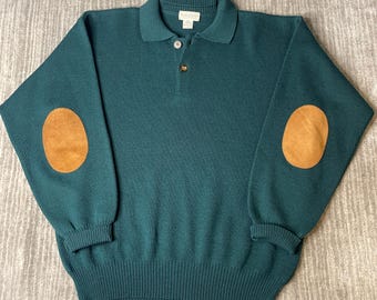 Vintage 1990s Tricots St Raphael Polo Sweater – L – Teal Wool Blend Elbow Patch Grandpa Knit